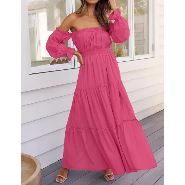 ZESICA Womens 2024 Boho Sexy Off Shoulder Long Sleeve Smocked High Waist Side Split Flowy A Line Tiered Long Maxi DressRose