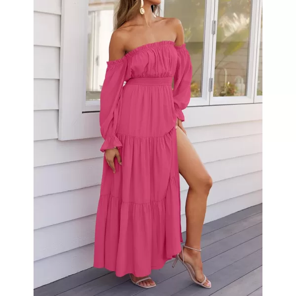 ZESICA Womens 2024 Boho Sexy Off Shoulder Long Sleeve Smocked High Waist Side Split Flowy A Line Tiered Long Maxi DressRose