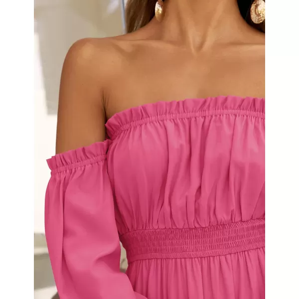 ZESICA Womens 2024 Boho Sexy Off Shoulder Long Sleeve Smocked High Waist Side Split Flowy A Line Tiered Long Maxi DressRose
