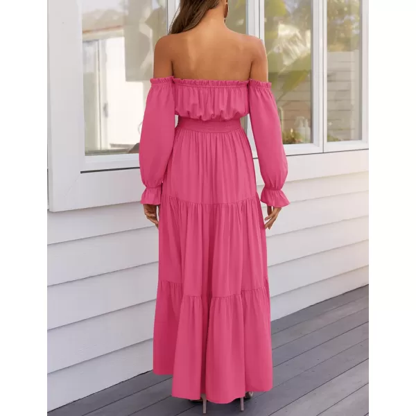 ZESICA Womens 2024 Boho Sexy Off Shoulder Long Sleeve Smocked High Waist Side Split Flowy A Line Tiered Long Maxi DressRose