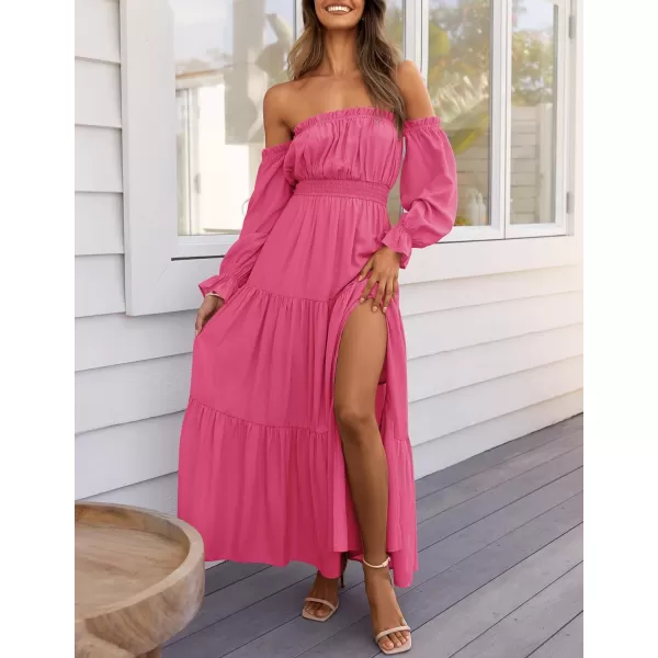 ZESICA Womens 2024 Boho Sexy Off Shoulder Long Sleeve Smocked High Waist Side Split Flowy A Line Tiered Long Maxi DressRose