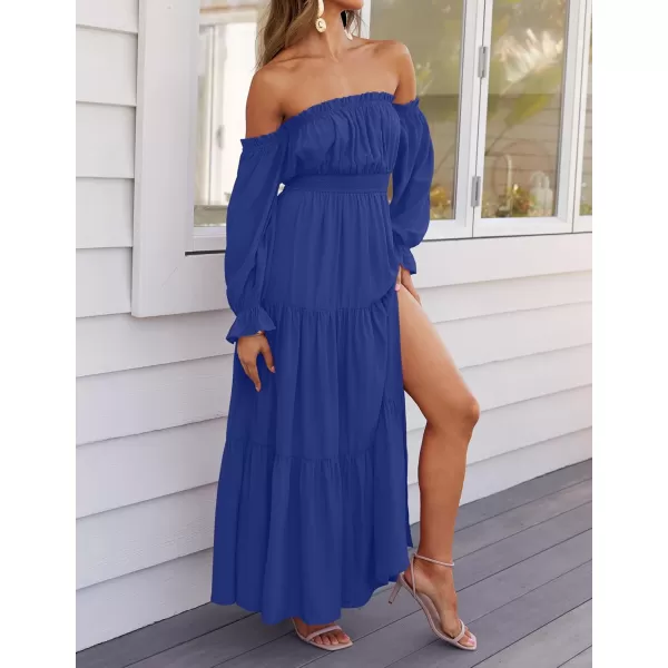 ZESICA Womens 2024 Boho Sexy Off Shoulder Long Sleeve Smocked High Waist Side Split Flowy A Line Tiered Long Maxi DressRoyal Blue