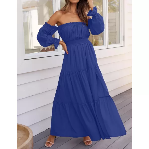 ZESICA Womens 2024 Boho Sexy Off Shoulder Long Sleeve Smocked High Waist Side Split Flowy A Line Tiered Long Maxi DressRoyal Blue