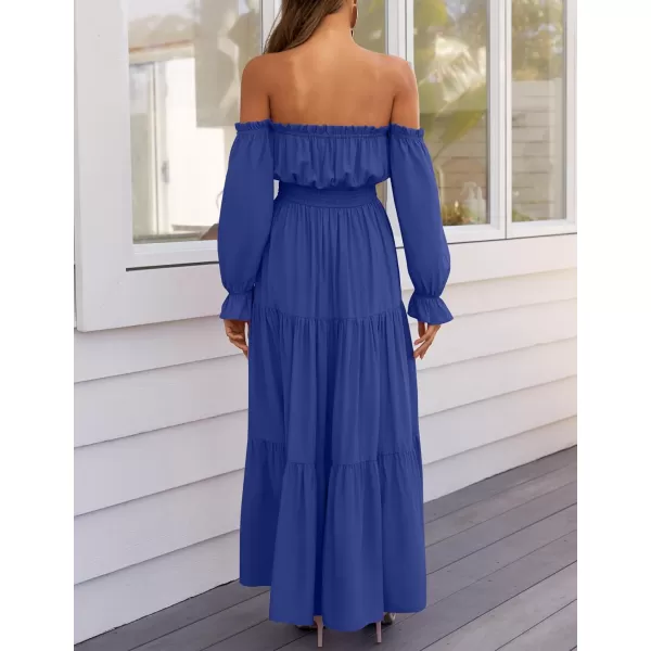 ZESICA Womens 2024 Boho Sexy Off Shoulder Long Sleeve Smocked High Waist Side Split Flowy A Line Tiered Long Maxi DressRoyal Blue