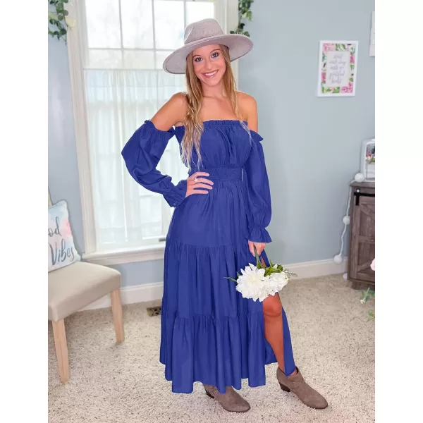 ZESICA Womens 2024 Boho Sexy Off Shoulder Long Sleeve Smocked High Waist Side Split Flowy A Line Tiered Long Maxi DressRoyal Blue