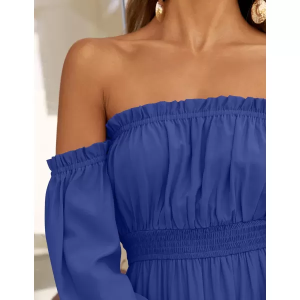 ZESICA Womens 2024 Boho Sexy Off Shoulder Long Sleeve Smocked High Waist Side Split Flowy A Line Tiered Long Maxi DressRoyal Blue