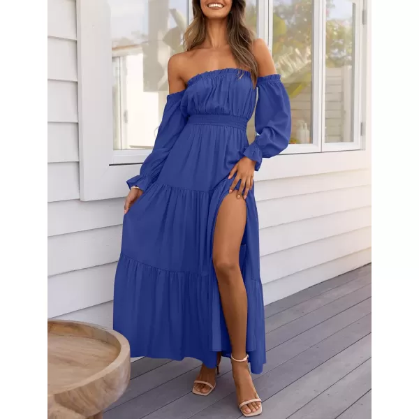 ZESICA Womens 2024 Boho Sexy Off Shoulder Long Sleeve Smocked High Waist Side Split Flowy A Line Tiered Long Maxi DressRoyal Blue
