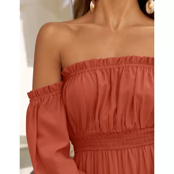 ZESICA Womens 2024 Boho Sexy Off Shoulder Long Sleeve Smocked High Waist Side Split Flowy A Line Tiered Long Maxi DressRust