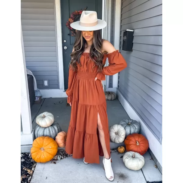 ZESICA Womens 2024 Boho Sexy Off Shoulder Long Sleeve Smocked High Waist Side Split Flowy A Line Tiered Long Maxi DressRust