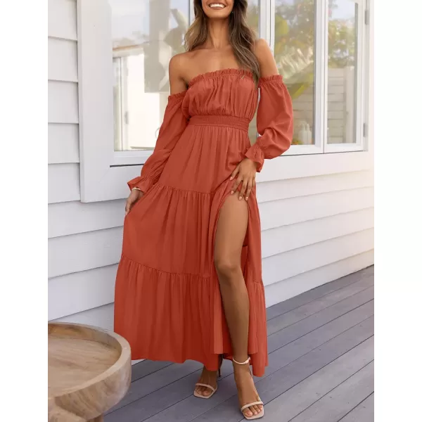 ZESICA Womens 2024 Boho Sexy Off Shoulder Long Sleeve Smocked High Waist Side Split Flowy A Line Tiered Long Maxi DressRust