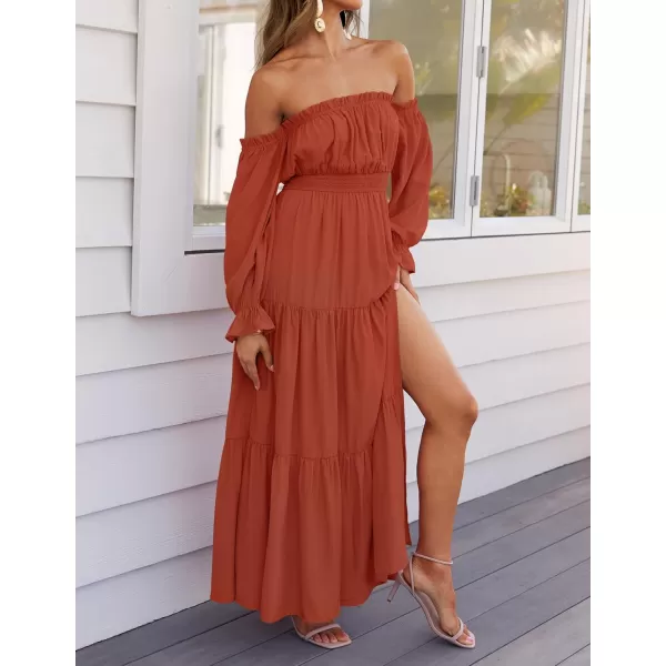 ZESICA Womens 2024 Boho Sexy Off Shoulder Long Sleeve Smocked High Waist Side Split Flowy A Line Tiered Long Maxi DressRust