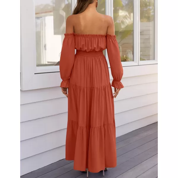 ZESICA Womens 2024 Boho Sexy Off Shoulder Long Sleeve Smocked High Waist Side Split Flowy A Line Tiered Long Maxi DressRust
