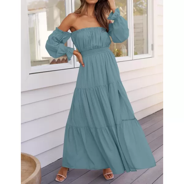 ZESICA Womens 2024 Boho Sexy Off Shoulder Long Sleeve Smocked High Waist Side Split Flowy A Line Tiered Long Maxi DressTeal
