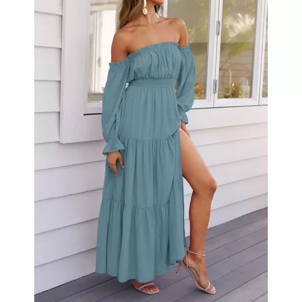 ZESICA Womens 2024 Boho Sexy Off Shoulder Long Sleeve Smocked High Waist Side Split Flowy A Line Tiered Long Maxi DressTeal