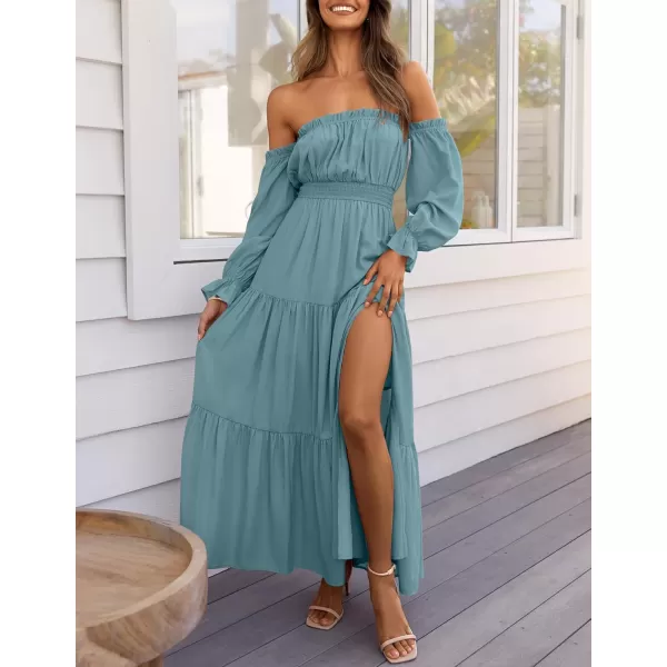 ZESICA Womens 2024 Boho Sexy Off Shoulder Long Sleeve Smocked High Waist Side Split Flowy A Line Tiered Long Maxi DressTeal