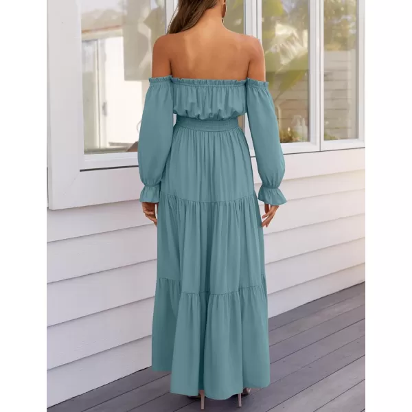 ZESICA Womens 2024 Boho Sexy Off Shoulder Long Sleeve Smocked High Waist Side Split Flowy A Line Tiered Long Maxi DressTeal