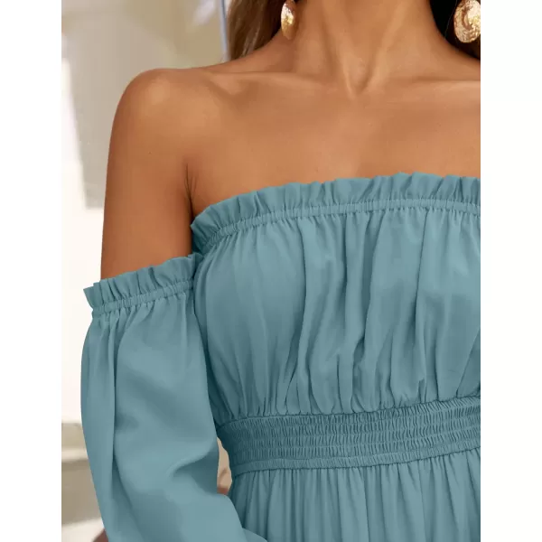 ZESICA Womens 2024 Boho Sexy Off Shoulder Long Sleeve Smocked High Waist Side Split Flowy A Line Tiered Long Maxi DressTeal