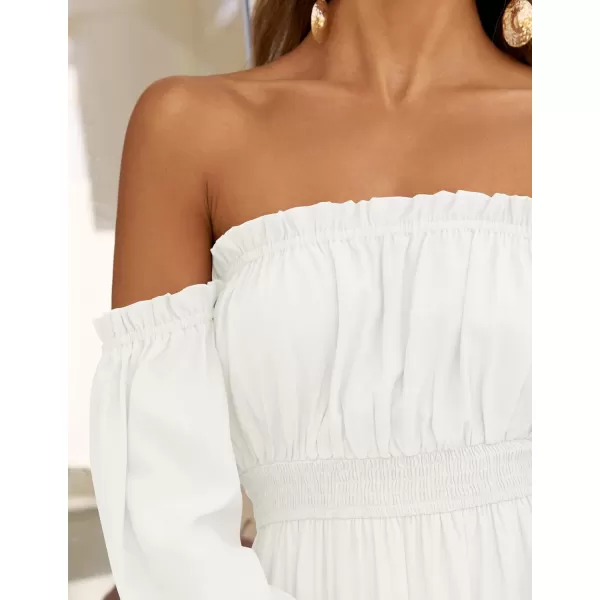 ZESICA Womens 2024 Boho Sexy Off Shoulder Long Sleeve Smocked High Waist Side Split Flowy A Line Tiered Long Maxi DressWhite