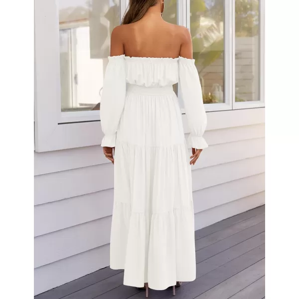 ZESICA Womens 2024 Boho Sexy Off Shoulder Long Sleeve Smocked High Waist Side Split Flowy A Line Tiered Long Maxi DressWhite