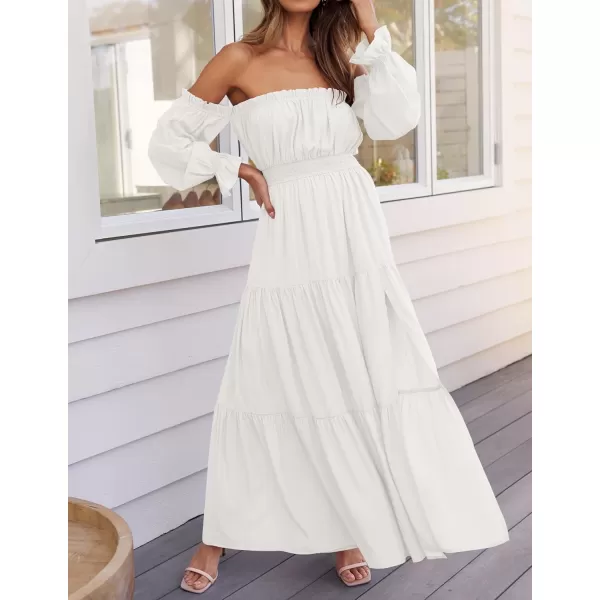 ZESICA Womens 2024 Boho Sexy Off Shoulder Long Sleeve Smocked High Waist Side Split Flowy A Line Tiered Long Maxi DressWhite