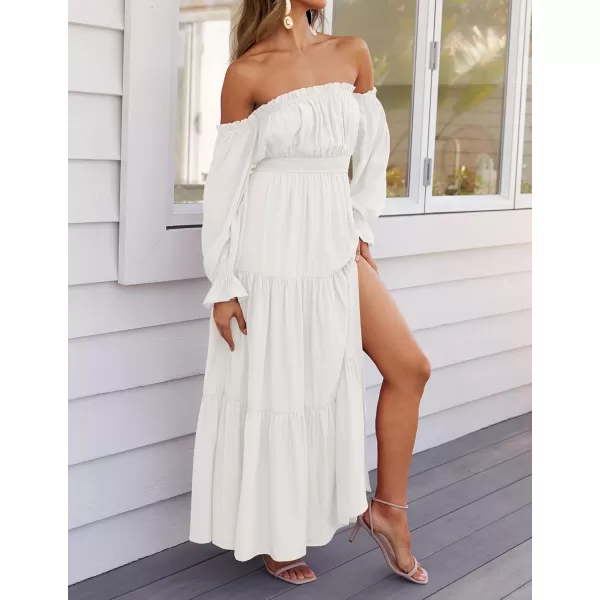ZESICA Womens 2024 Boho Sexy Off Shoulder Long Sleeve Smocked High Waist Side Split Flowy A Line Tiered Long Maxi DressWhite