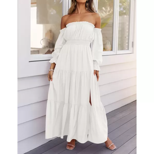 ZESICA Womens 2024 Boho Sexy Off Shoulder Long Sleeve Smocked High Waist Side Split Flowy A Line Tiered Long Maxi DressWhite
