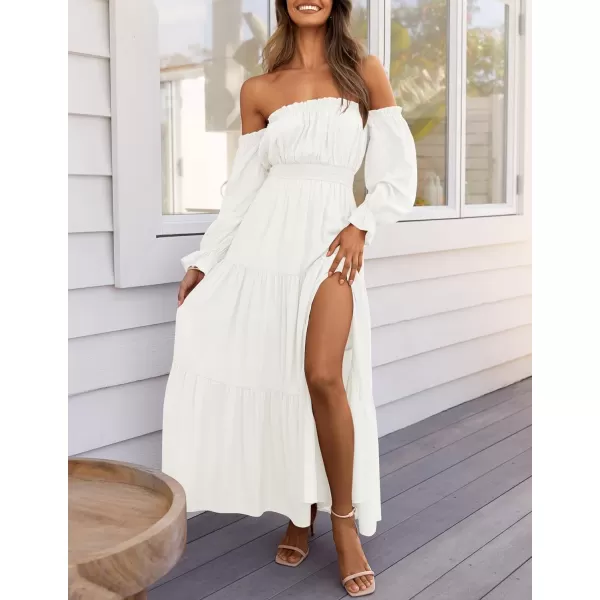 ZESICA Womens 2024 Boho Sexy Off Shoulder Long Sleeve Smocked High Waist Side Split Flowy A Line Tiered Long Maxi DressWhite