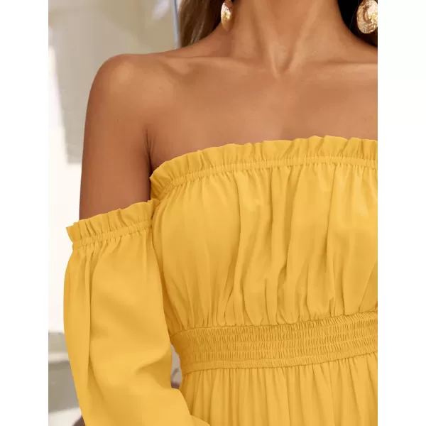 ZESICA Womens 2024 Boho Sexy Off Shoulder Long Sleeve Smocked High Waist Side Split Flowy A Line Tiered Long Maxi DressYellow