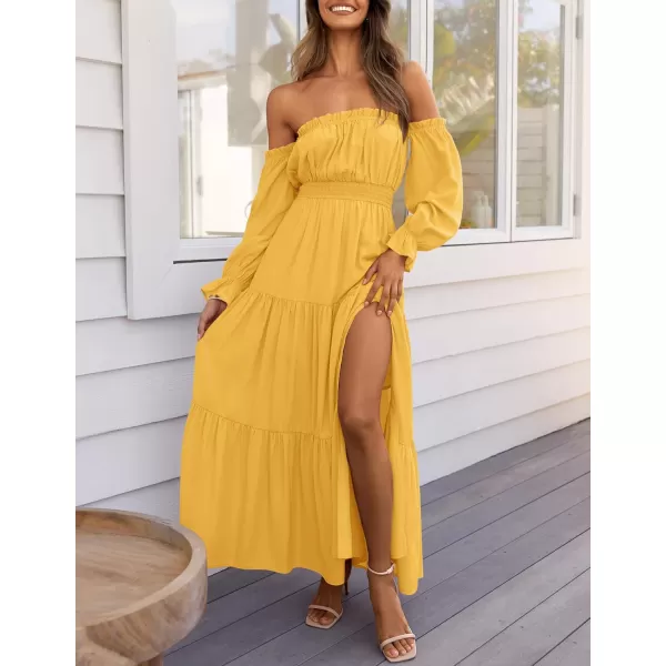 ZESICA Womens 2024 Boho Sexy Off Shoulder Long Sleeve Smocked High Waist Side Split Flowy A Line Tiered Long Maxi DressYellow