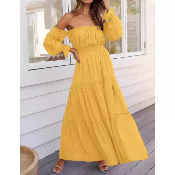 ZESICA Womens 2024 Boho Sexy Off Shoulder Long Sleeve Smocked High Waist Side Split Flowy A Line Tiered Long Maxi DressYellow