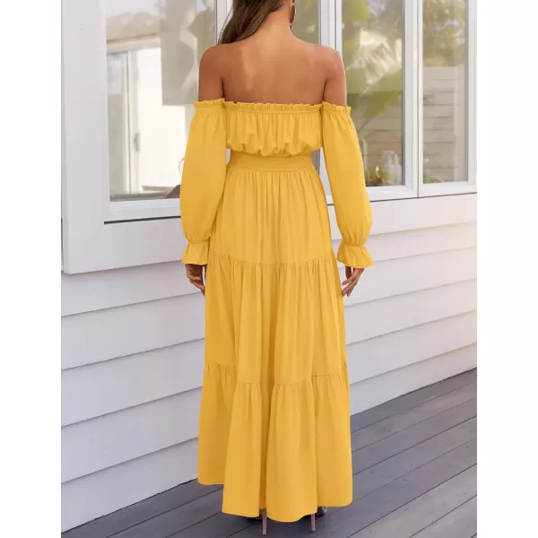ZESICA Womens 2024 Boho Sexy Off Shoulder Long Sleeve Smocked High Waist Side Split Flowy A Line Tiered Long Maxi DressYellow