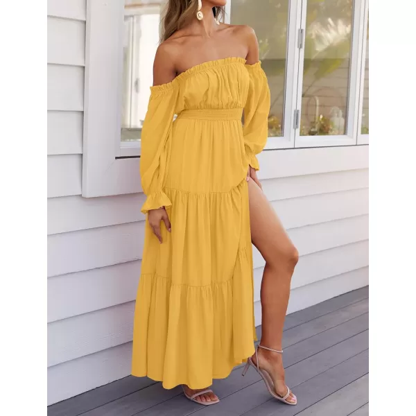 ZESICA Womens 2024 Boho Sexy Off Shoulder Long Sleeve Smocked High Waist Side Split Flowy A Line Tiered Long Maxi DressYellow
