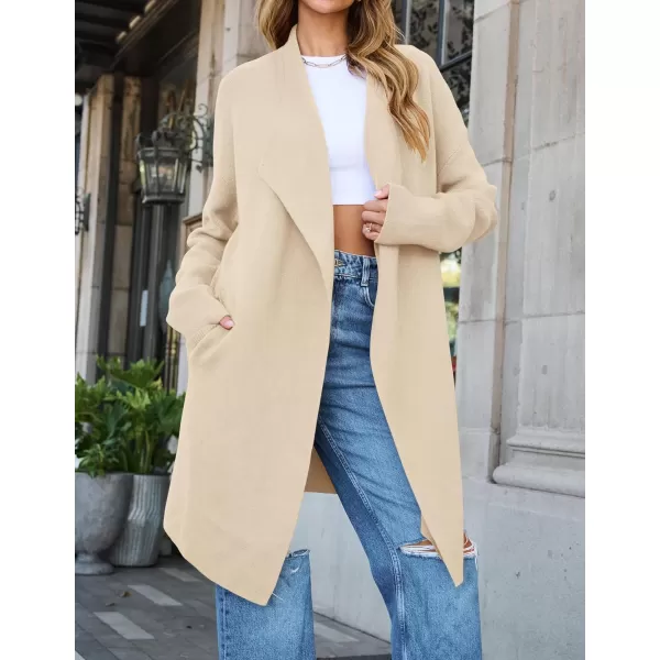 ZESICA Womens 2024 Casual Lapel Cardigan Long Sleeve Open Front Irregular Hem Soft Knitted Sweater Coat with PocketsBeige