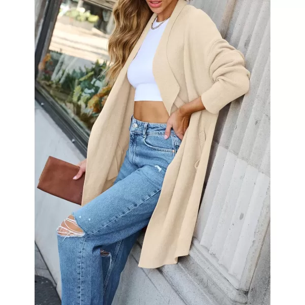 ZESICA Womens 2024 Casual Lapel Cardigan Long Sleeve Open Front Irregular Hem Soft Knitted Sweater Coat with PocketsBeige