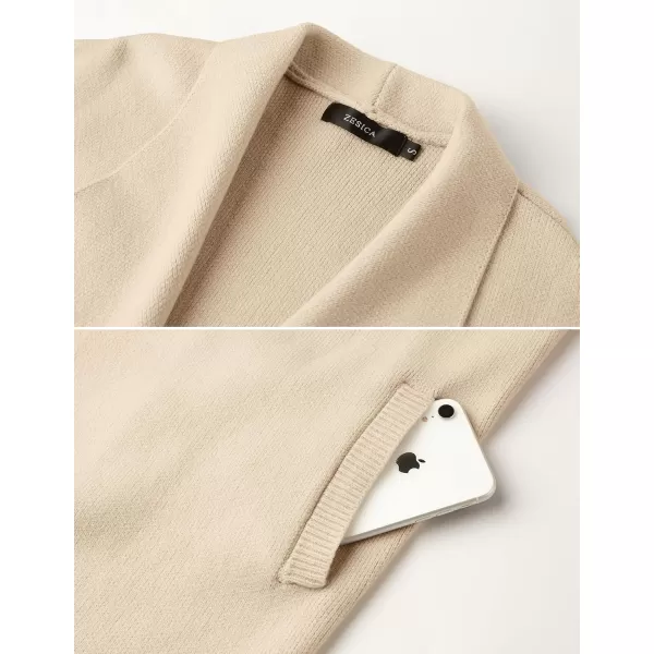 ZESICA Womens 2024 Casual Lapel Cardigan Long Sleeve Open Front Irregular Hem Soft Knitted Sweater Coat with PocketsBeige