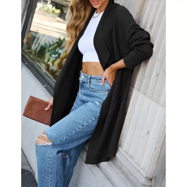 ZESICA Womens 2024 Casual Lapel Cardigan Long Sleeve Open Front Irregular Hem Soft Knitted Sweater Coat with PocketsBlack