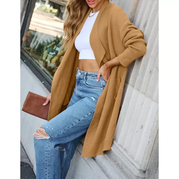 ZESICA Womens 2024 Casual Lapel Cardigan Long Sleeve Open Front Irregular Hem Soft Knitted Sweater Coat with PocketsKhaki