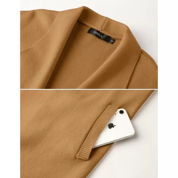 ZESICA Womens 2024 Casual Lapel Cardigan Long Sleeve Open Front Irregular Hem Soft Knitted Sweater Coat with PocketsKhaki