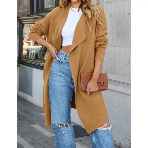 ZESICA Womens 2024 Casual Lapel Cardigan Long Sleeve Open Front Irregular Hem Soft Knitted Sweater Coat with PocketsKhaki