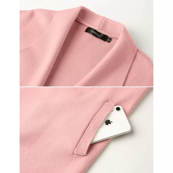 ZESICA Womens 2024 Casual Lapel Cardigan Long Sleeve Open Front Irregular Hem Soft Knitted Sweater Coat with PocketsPink