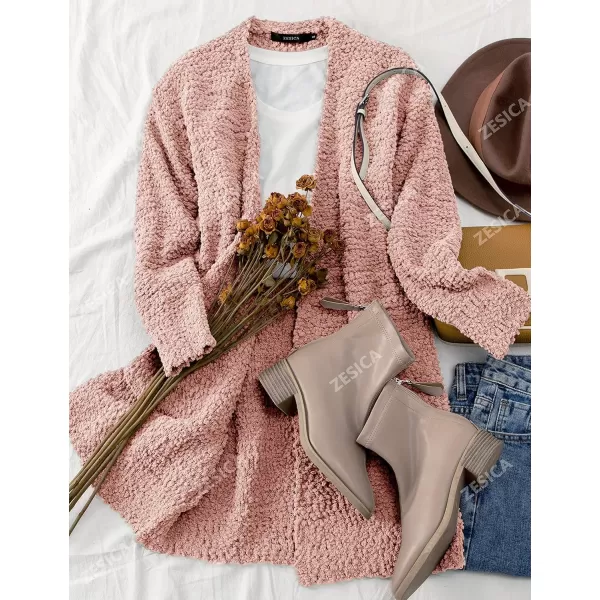 ZESICA Womens 2024 Fall Casual Long Sleeve Open Front Soft Chunky Knit Sweater Cardigan OuterwearPink
