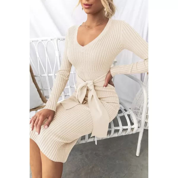 ZESICA Womens 2024 Fall Sweater Dress V Neck Long Sleeve Ribbed Knit Tie Waist Slim Fit Bodycon Midi DressesApricot