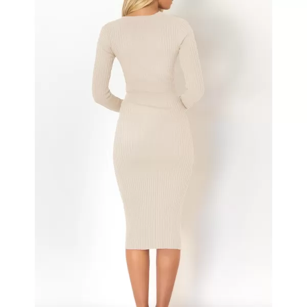 ZESICA Womens 2024 Fall Sweater Dress V Neck Long Sleeve Ribbed Knit Tie Waist Slim Fit Bodycon Midi DressesApricot