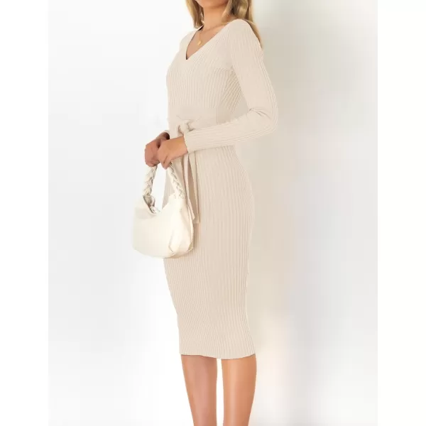 ZESICA Womens 2024 Fall Sweater Dress V Neck Long Sleeve Ribbed Knit Tie Waist Slim Fit Bodycon Midi DressesApricot