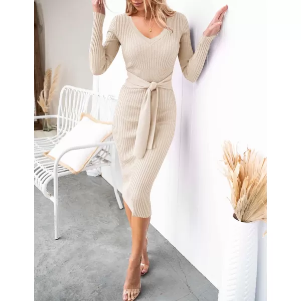 ZESICA Womens 2024 Fall Sweater Dress V Neck Long Sleeve Ribbed Knit Tie Waist Slim Fit Bodycon Midi DressesApricot