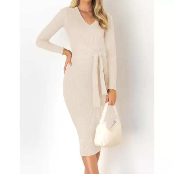 ZESICA Womens 2024 Fall Sweater Dress V Neck Long Sleeve Ribbed Knit Tie Waist Slim Fit Bodycon Midi DressesApricot