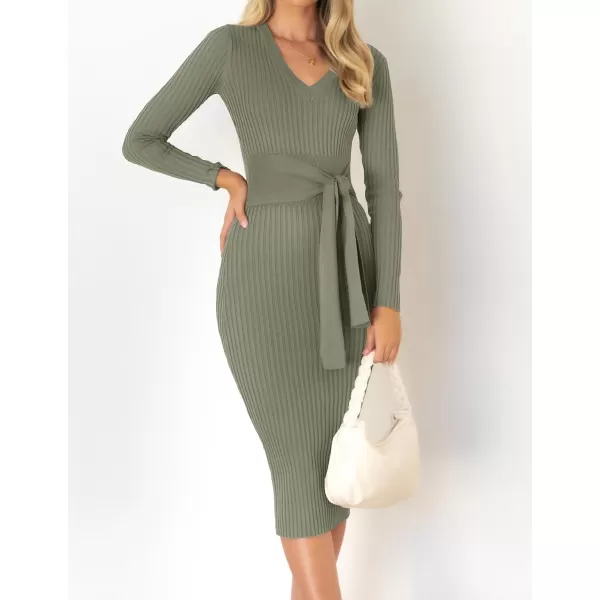ZESICA Womens 2024 Fall Sweater Dress V Neck Long Sleeve Ribbed Knit Tie Waist Slim Fit Bodycon Midi DressesArmygreen