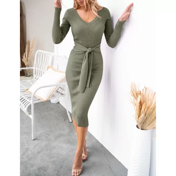 ZESICA Womens 2024 Fall Sweater Dress V Neck Long Sleeve Ribbed Knit Tie Waist Slim Fit Bodycon Midi DressesArmygreen