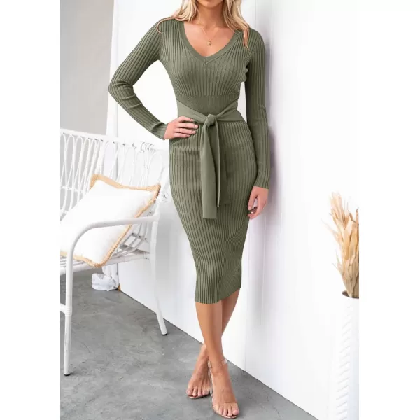 ZESICA Womens 2024 Fall Sweater Dress V Neck Long Sleeve Ribbed Knit Tie Waist Slim Fit Bodycon Midi DressesArmygreen