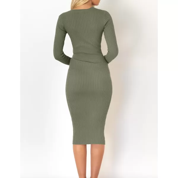 ZESICA Womens 2024 Fall Sweater Dress V Neck Long Sleeve Ribbed Knit Tie Waist Slim Fit Bodycon Midi DressesArmygreen